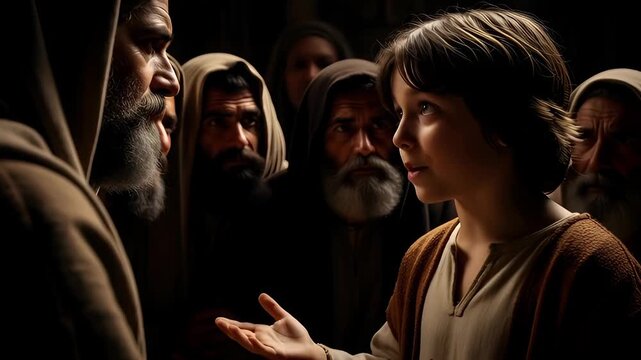 12-year-old Jesus communicates with the scribes and elders Young boy addressing a group of men, gesturing with an open hand during a spiritual or historical discussion
