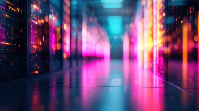 Vibrant lights reflect on the floor in a server room in a modern facility - Powered by Adobe