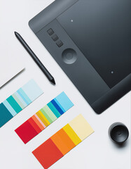 Digital art tools and color swatches arranged on a white surface, showing a drawing tablet, stylus, and color palette
