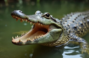 Obraz premium Close up photo shows crocodile swimming in water with open mouth. Reptile sharp teeth are visible. Animal has rough skin and a powerful gaze at the camera.