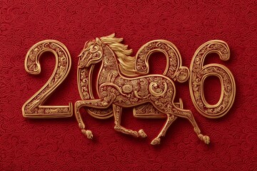 New Year banner featuring a horse shape with numbers 2026 on a red background for celebrations and decorations