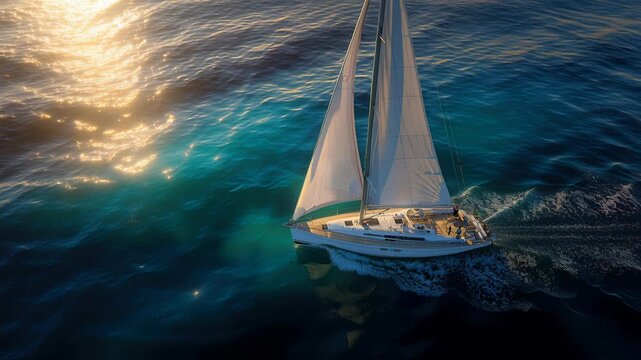 Sailboat Glides Through Sunlit Ocean Waves at Hour