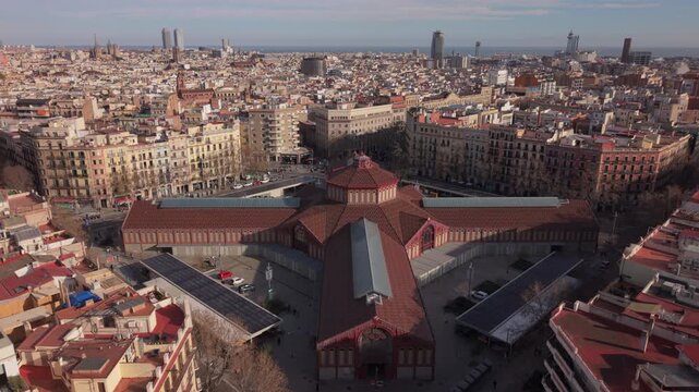 flying clockwise around Sant Antoni Market in Barcelona Spain