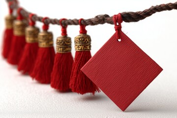 Decorative hanging red string with tassels and plain red tag for festive occasions in a simple setting