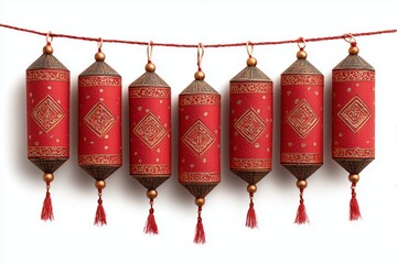 Decorative red hanging strings with traditional designs used for festive celebrations in various locations
