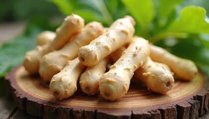 Close-up photo of galangal rhizomes. Fresh aromatic galangal root on wooden board. Culinary herb used in cooking. Healthy food ingredient. Spice for Thai cuisine.