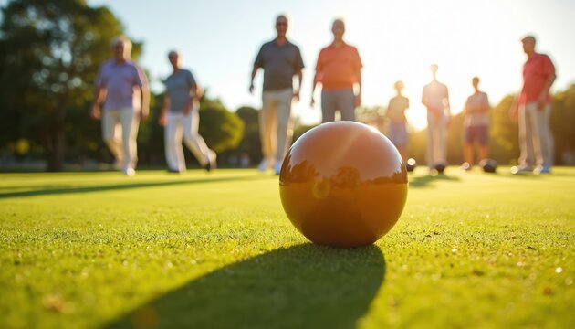 Elderly friends play lawn bowls on a bright, sunny day. Group enjoys outdoor activity and friendly competition on green grass, spending time together.