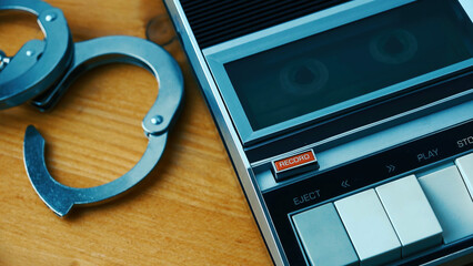 Handcuffs placed beside an old analog cassette tape recorder on a wooden surface for recorded confession, interrogation, police evidence, crime investigation, testimony concepts.