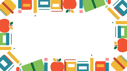 A colorful illustration of school supplies and apples on a white background