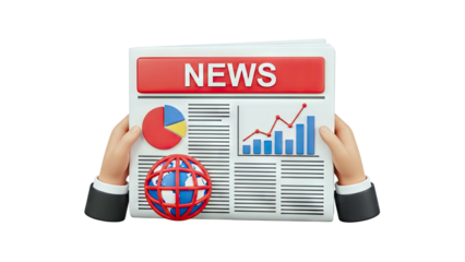 Hands holding newspaper with "NEWS" headline and financial graphics