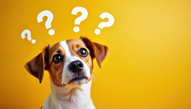 Dog looks confused on yellow backdrop. Question marks float above puppy. Cute pet looks puzzled. Animal thinks about difficult task. Domestic mammal tries to understand something important. Doggy