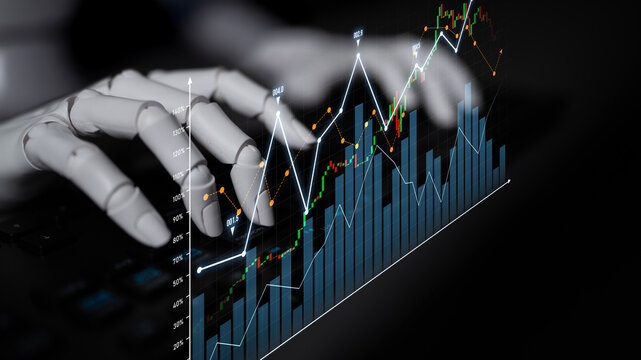 A robotic hand types on a keyboard, analyzing a complex data chart filled with trends and metrics, reflecting the integration of technology and finance in modern trading. Scalp - Powered by Adobe