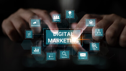 Digital marketing dashboard connecting data analytics, social media, SEO, and content strategy to improve business growth and customer engagement. Parse