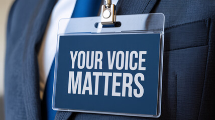Business suit detail showing identification name badge holder with "YOUR VOICE MATTERS" text concept
