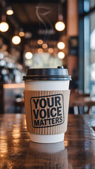 Disposable coffee cup on wooden table in cafe with "YOUR VOICE MATTERS" text on sleeve