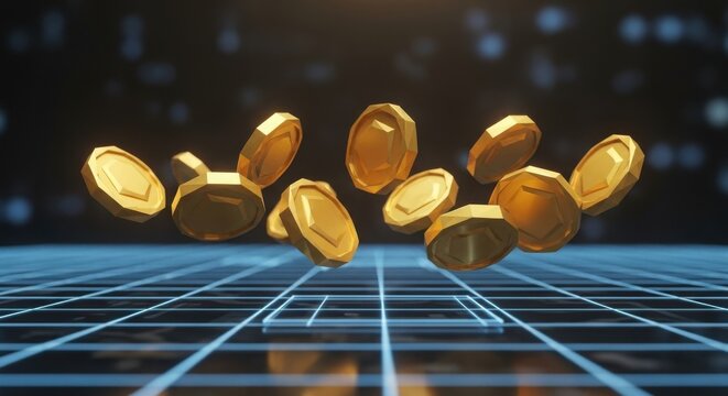 Golden coins floating above a futuristic grid background - Powered by Adobe