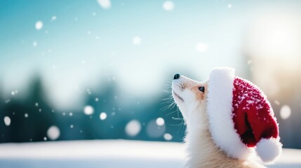 Fox in a red hat looking up at falling snow in winter landscape