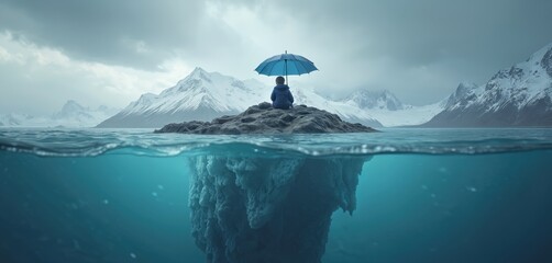 Naklejka premium A small boy sits alone on a rock island. He holds umbrella looking at scenic landscape. Surreal scene creates mood of thought contemplation. Image symbolizes solitude nature protection.