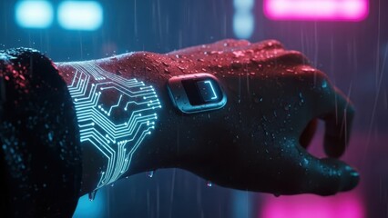 Cyberpunk Hand with Circuit Board Tattoo and Smartwatch in Rain