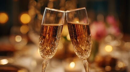Two elegant champagne flutes clinking together in a celebratory toast, filled with sparkling champagne