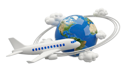 Airplane flying around the Earth surrounded by clouds and rings