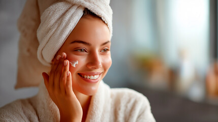 Faceless woman applying moisturizer cream on face during morning skincare routine beauty ritual stock photo facial hydration daily self care cosmetic product application