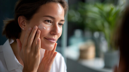 Faceless woman applying moisturizer cream on face during morning skincare routine beauty ritual stock photo facial hydration daily self care cosmetic product application