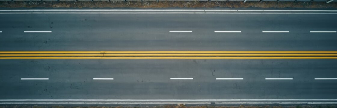 Aerial top view of asphalt road. Car lanes have white and yellow line markings. Grey autobahn tarmac surface is empty. Way has destination. Continuous straight element above.