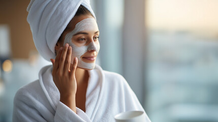 Faceless woman applying facial mask skin treatment on face beauty therapy stock photo cosmetic application skincare routine facial care hydration treatment defocused