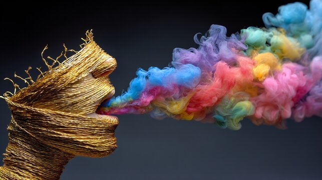 Emotional suppression alexithymia person trying scream but their mouth sewn shut thick golden wire instead of sound thick colorful smoke billows out their ears and nose artistic metaphor dark beauty