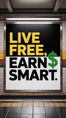 Vertical underground station billboard featuring "LIVE FREE, EARN SMART" text and tactile paving on floor