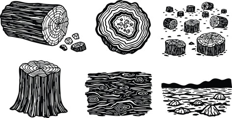 Woodcut style top view and side view tree log and stump collection showing rings bark texture scattered cut rounds on white background bold graphic high contrast