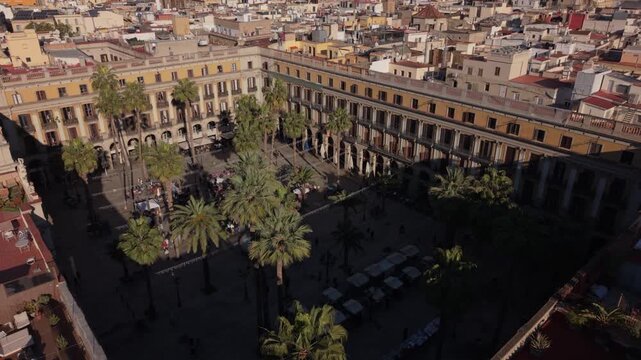 aerial pull back shot of Plaza Real in Barcelona Spain