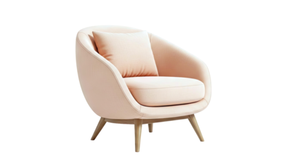 Peach Upholstered Armchair with Wooden Legs and Cushion