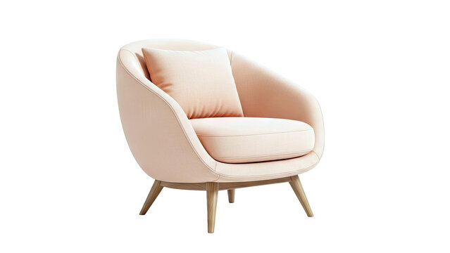 Peach Upholstered Armchair with Wooden Legs and Cushion
