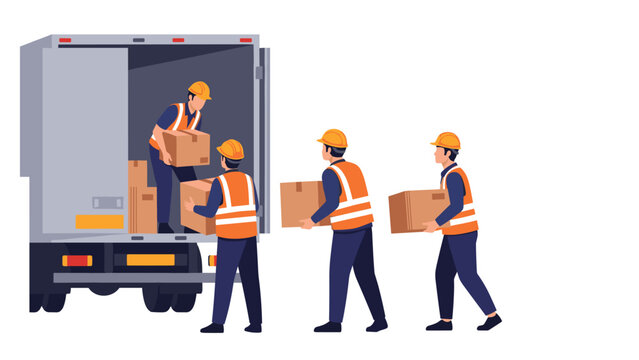 Group of diligent warehouse workers wearing hard hats and safety vests efficiently unloading numerous cardboard boxes from the back of a delivery truck.
