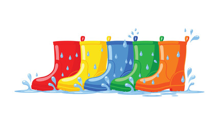 Row of five vibrant children's rain boots in red, yellow, blue, green, and orange, surrounded by playful water splashes and raindrops.