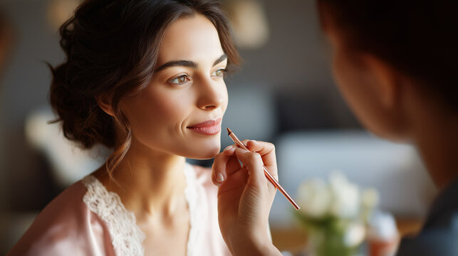 Faceless makeup artist applying cosmetics to friend beauty service stock photo makeup application cosmetic treatment professional artistry personal grooming defocused