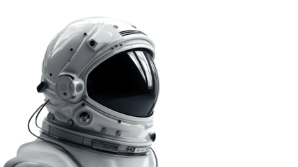 Futuristic astronaut helmet and suit close up, isolated on white, png
