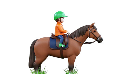 3D Cartoon Child Riding a Brown Horse