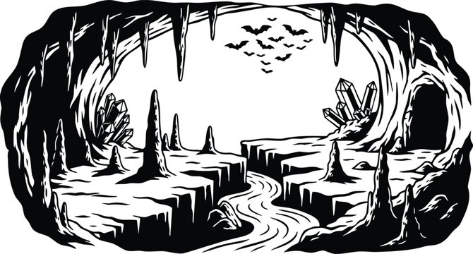 Line art cavern interior with crystalline clusters stalagmites winding river bats flying view from entrance low angle silhouetted cave mouth rocky ledge monochrome vector high contrast