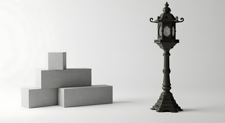Modern Black Lantern on White Concrete Blocks Setup