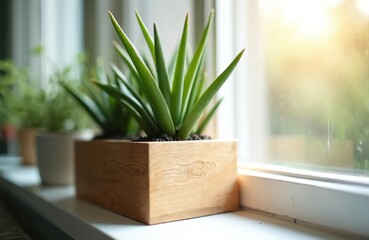 Green sansevieria plant in wooden planter sits on windowsill. Soft sun light shines through window pane. Another plant pot out of focus on left side. Copy space available for text.