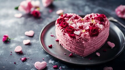 A heart-shaped pink cake with red roses and petals on a dark plate, surrounded by scattered pink hearts and flowers on a gray surface. Valentine day Special