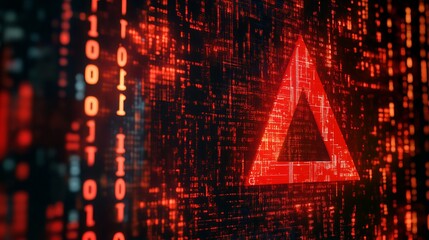 A red warning symbol glows brightly on a dark background of binary code and computer data.