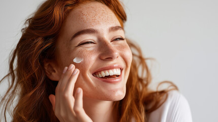 Closeup faceless young female with red hair freckles applying white cream laughing stock photo closed eyes skincare beauty treatment moisturizer application isolated white bac