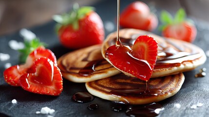 A stack of pancakes topped with strawberries and syrup on a dark surface Valentine day Special
