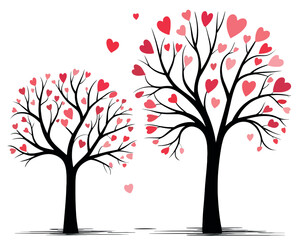 Two bare trees with red and pink hearts floating in the air on a white background
