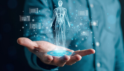 Digital Human Body Hologram in Hand Advanced Medical Technology, AI Diagnostics, Future Healthcare, and Innovative Health Solutions Concept