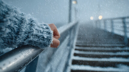 Person holding metal handrail on snowy outdoor staircase symbolizing winter safety and caution.